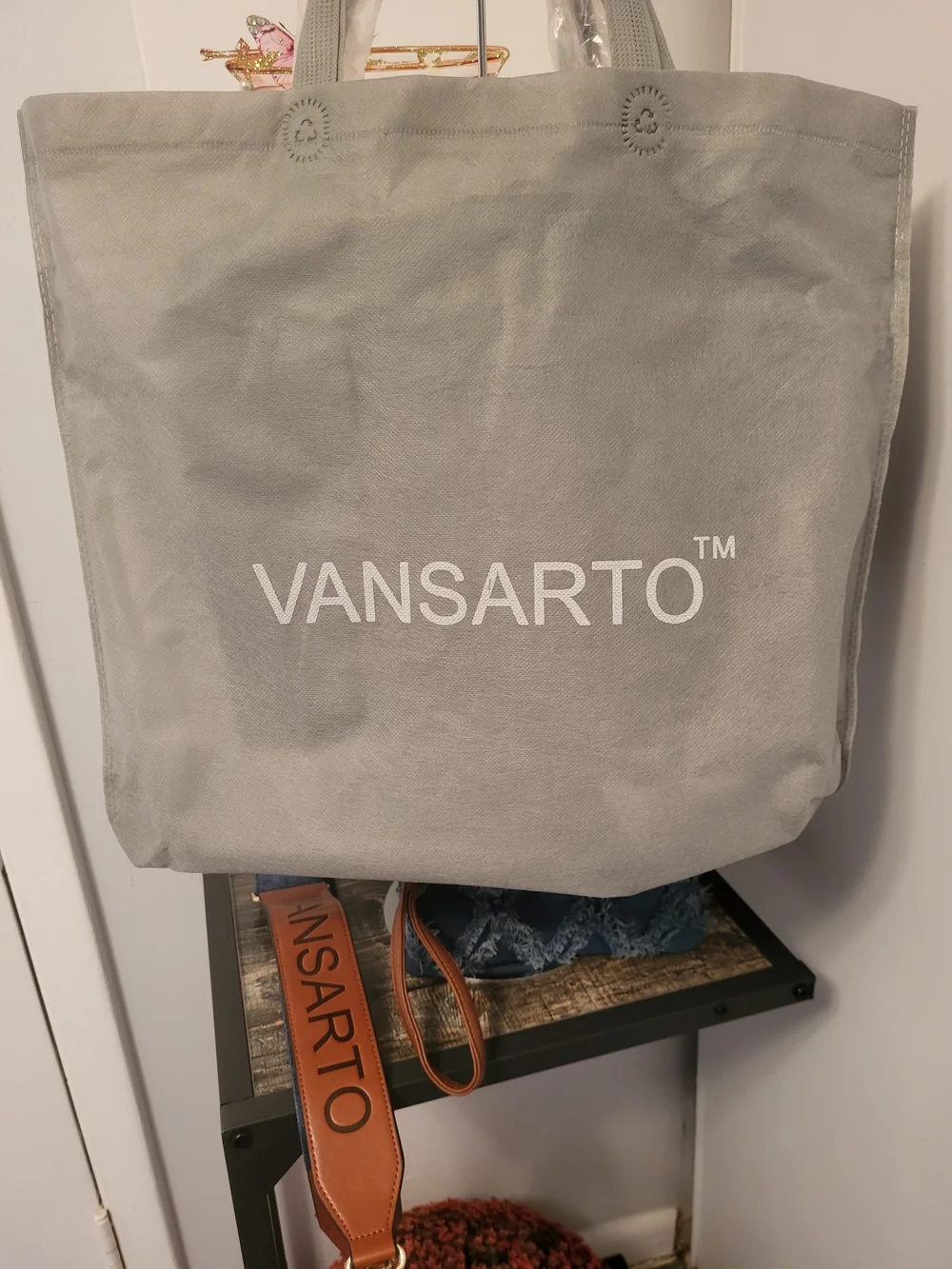 Blue Distressed Denim Tote with Brown Vegan Trim 3 Piece Set  13.5